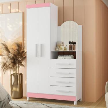 Imagem de Guarda Roupa Cômoda Infantil Georgia 2 Portas 4 Gavetas MDP-MDF com Espelho Rosa Casa H