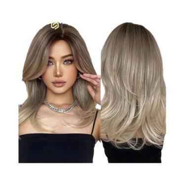 Imagem de Peruca Sintética Ondulada Média Ombre Castanho Loiro Para Mulheres, Re