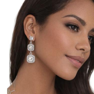 Imagem de Brinco Feminino Prata Cristal Quadrado Longo Elegante Luxo