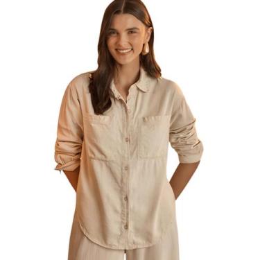 Imagem de Camisa Feminina Manga Longa Sarja Com Linho Lunender, Bege, M