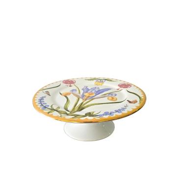 Imagem de Prato Porta Bolo Torta com Pé Cerâmica Desenho Flores Borda Ouro 20.50cm para Mesa Posta Branco Scala