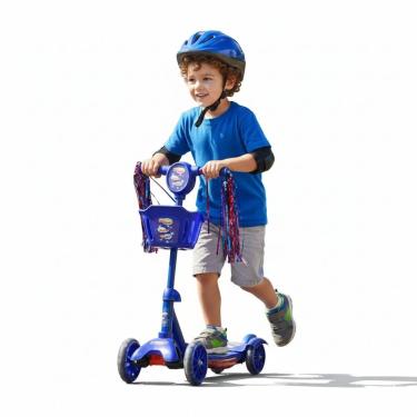 Imagem de Patinete Infantil 3 Rodas Dobrável com Som e Luz Brilhantes Cestinha Frontal Azul