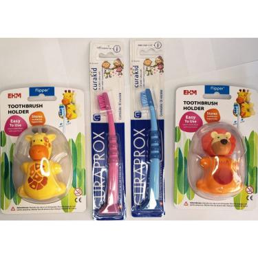 Imagem de Kit 2 escova dental infantil curakid curaprox + 2 porta escova bichinho