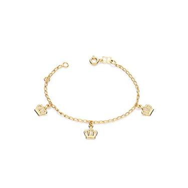 Imagem de PULSEIRA INFANTIL FORMADA POR FIO LAMINADO TENDO TRÊS BERLOQUES NO FORMATO DE COROA VAZADA COMDETALHE TRABALHADO NO CENTRO. MED 16 CM AJUSTÁVEL A 14 CM