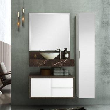 Imagem de Conjunto de Banheiro Pró 80cm com Espelho, Gabinete, Bancada, Armário Vertical e Cuba de Apoio Bumi Trufa