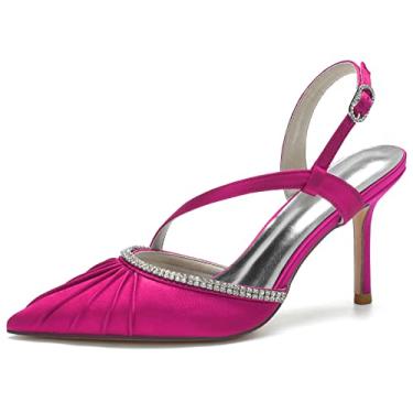 Imagem de Sandália feminina com tira no tornozelo bico fino strass cetim escarpim plissado oblíquo, rosa, 7.5