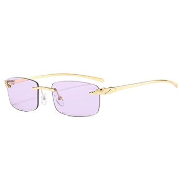 Imagem de Óculos de sol retangular sem aro vintage exclusivo chita feminino cores doces lentes transparentes óculos de sol masculinos, roxo dourado