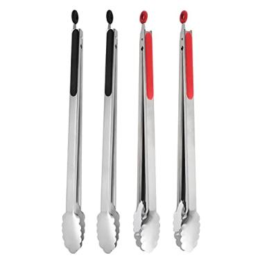 Imagem de UPTALY Pegador de churrasco extra longo de 45 cm (2 pretos + 2 vermelhos), pinça de grelha de aço inoxidável com alça longa, pinça de comida de tamanho grande, pinças de bife, pinça de servir para cozinhar, grelhar, churrasco, buffet