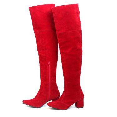 Imagem de Bota Over Knee Camurça Vermelha Cano Alto Bico Fino