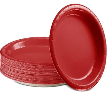 Imagem de Amcrate Pratos de jantar de papel vermelhos, pratos de papel descartáveis, fortes e resistentes para festas, jantares, feriados, piqueniques ou pratos de viagem, pacote com 50