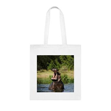 Imagem de Sacola de hipopótamo bocejando, presente de hipopótamo bocejando, bolsa de ombro de hipopótamo bocejando, bolsas reutilizáveis de hipopótamo bocejando, ideia de para ela, presente para ele, bolsa feminina, Branco