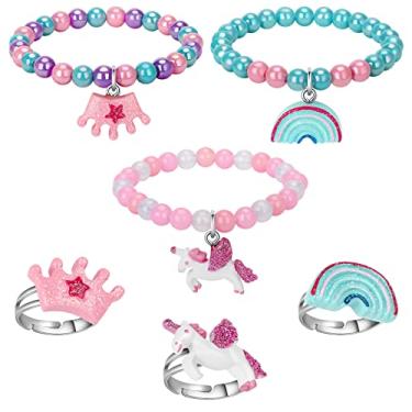 Imagem de Conjunto de aneis com pulseira de unicornio Annilubaby - pulseira de arco-iris Pulseira de coroa brilhante para meninas - Conjunto de aneis de joias para meninas Menina fingir brincar e vestir aneis