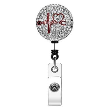 Imagem de Carretel de crachá retrátil para batimentos cardíacos de diamante, clipe de carretel de crachá Xoqo para enfermeiras, suporte leve de crachá de identificação com clipe jacaré (prata)