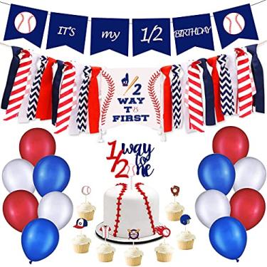 Imagem de Decorações de meio aniversário de beisebol, beisebol It's My 1/2 Birthday Banner, Baseball 1/2 Way To First Banner, Baseball 1/2 Way To One Cake Topper, Suprimentos de aniversário de meia de beisebol.