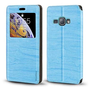 Imagem de Capa para Samsung Galaxy J1 6 Duos LTE, capa de couro de grão de madeira com suporte de cartão e janela, capa flip magnética para Samsung Galaxy J1 4G (4,5 polegadas) azul celeste