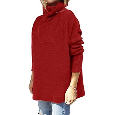 Imagem de Suéter feminino de malha gola rolê manga longa suéter de malha outono inverno pulôver suéteres, vermelho, P