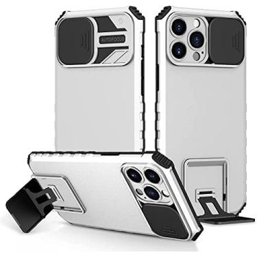 Imagem de KAPPDE Capa para iPhone 14 Pro Max, capa fina à prova de choque com suporte e capa de câmera deslizante, capa protetora de telefone de TPU de camada dupla 6,7 polegadas (cor: branco)