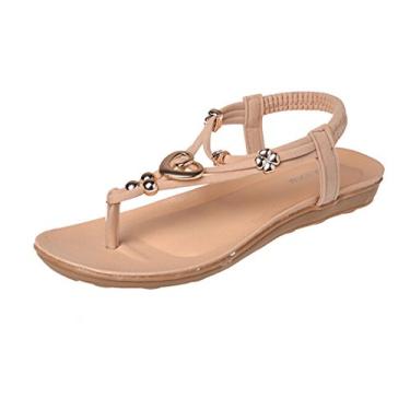 Imagem de Sandália feminina de praia Boêmia, com tira no tornozelo e contas, sandálias Gaorui, Apricot, 5.5