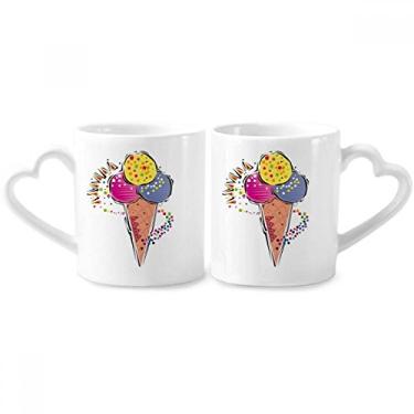 Imagem de Conjunto de canecas de porcelana para casal com elemento de bola de sorvete azul amarelo vermelho com alça de coração