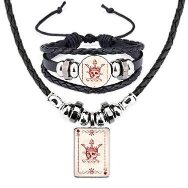 Imagem de Conjunto de joias com pingente de coração e coroa vermelha de esqueleto de pôquer de couro e colar