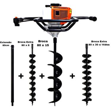 Imagem de KIT Perfurador de Solo Vulcan VPS520-S 2T 52CC 2,5HP com Broca 80x15cm + Kawashima Brocas Extras 80x6cm e 80x30cm + Extensão de 80cm