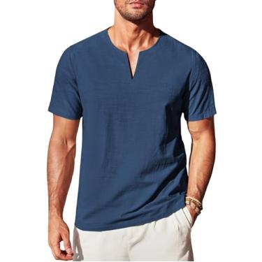 Imagem de COOFANDY Camiseta masculina de algodão e linho Henley manga curta casual praia gola V verão leve ioga, Violeta azul, XG