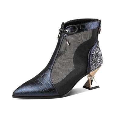 Imagem de KAGAA Sapatos femininos elegantes de couro genuíno bico fino com zíper, salto agulha médio salto médio com sandálias femininas feitas à mão de 6 cm th2591s, Azul, 8