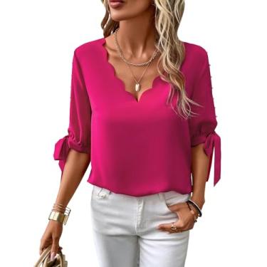 Imagem de MakeMeChic Blusa feminina elegante com contas e gola V dividida meia manga cor sólida camisa elegante blusa de escritório, Vermelho violeta, GG
