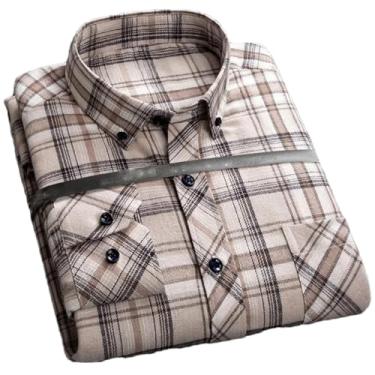 Imagem de Camisa social masculina plus size para lazer masculina algodão lixado flanela quente casual manga longa gola xadrez, Algodão 151, PP