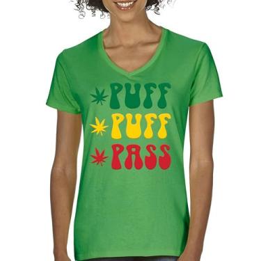 Imagem de Camiseta feminina Puff Puff Pass gola V 420 Weed Lover Pot Leaf Smoking Marijuana Legalize Cannabis Funny High Pothead Tee, Verde, M