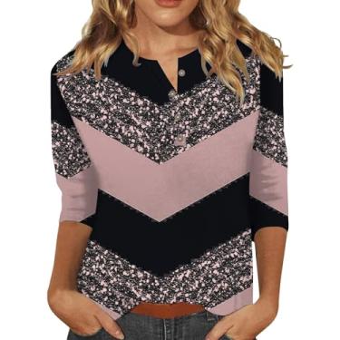 Imagem de PKDong Camisetas femininas florais fashion abotoadas gola V manga 3/4 camiseta estampa floral camiseta feminina verão 2024 na moda, A04 marrom rosa, 3G