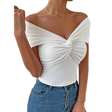 Imagem de SOFIA'S CHOICE Camiseta feminina sexy com ombros de fora, nó torcido, franzido, Branco, G