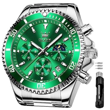Imagem de OLEVS Relógios masculinos à prova d'água, aço inoxidável, à prova d'água, cronógrafo, relógio de pulso luxuoso, branco, luminoso, mostrador grande, analógico, quartzo masculino, Prata - Verde