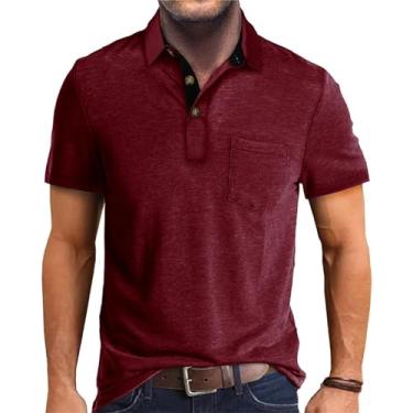 Imagem de SEGANUP Camisa polo atlética masculina manga curta algodão botão colarinho camiseta polo golfe absorção de umidade com bolso, Vermelho, GG