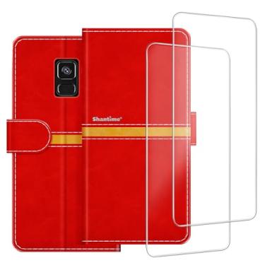 Imagem de ESACMOT Capa de celular compatível com Samsung Galaxy A8 2018 A530F + [2 unidades] película protetora de tela de vidro, capa protetora magnética de couro premium (5,6 polegadas) vermelha