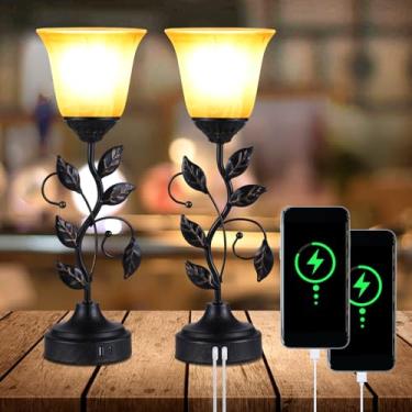 Imagem de SZITW Abajur de mesa vintage Vine Abajur decorativo de cabeceira Abajur de mesa regulável com controle de toque com portas de carregamento USB A e tipo C Abajur de vidro âmbar Luz branca quente
