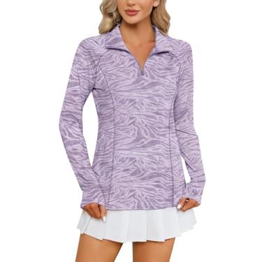 Imagem de LOMON Camisetas femininas de manga comprida com proteção solar 1/4 zíper 1/4 camisetas de caminhada de secagem rápida pulôver feminino com zíper, Zebra roxa, XXG