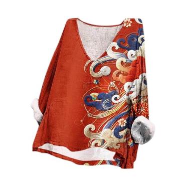 Imagem de Camisetas femininas de linho Rtero com estampa floral, gola V, manga comprida, verão, casual, plus size, elegantes túnicas, Vermelho, 5G