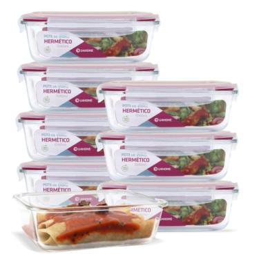 Imagem de Kit Conjunto 8 Potes Vidro Hermético Tampa Plástico Marmita Mantimentos 1040ml (Vermelho)
