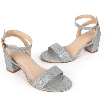 Imagem de kkdom Salto com glitter para mulheres – Salto para uso diário, vestido de festa de casamento, sandálias com tiras, salto grosso, salto baixo, bico aberto, salto bloco para mulheres, Prata, 38