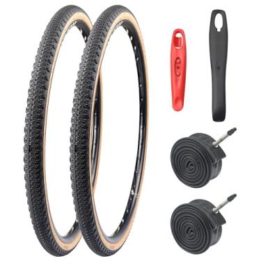 Imagem de WEEROCK Pacote com dois pneus de bicicleta de estrada 700C 700 X 42C pneu de bicicleta cascalho marrom lateral de parede com 2 pacotes de tubos internos válvula Presta de 48 mm, marrom preto