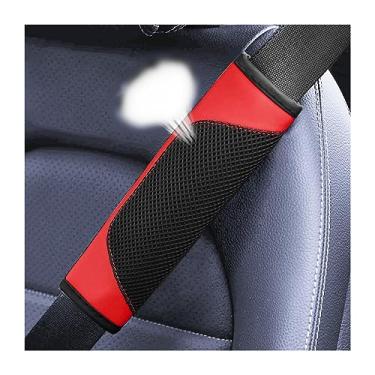 Imagem de BESULEN Capa de almofadas de cinto de segurança para carro, pacote com 2 protetores universais de alça de ombro de malha de couro, capa macia para cinto de segurança para condução confortável, acessórios interiores de carro (vermelho)