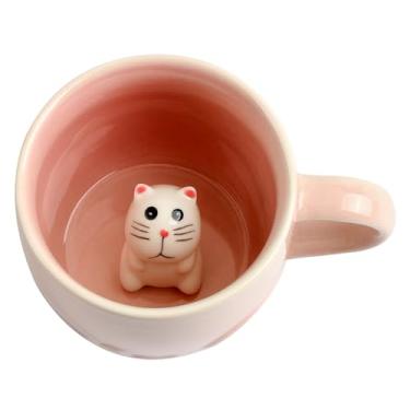 Imagem de Ewaymado Caneca de cerâmica de gato, copo interno de animal 3D oculto, xícara de chá feita à mão, Natal, aniversário, dia das mães para amigos, família ou crianças (gato rosa)