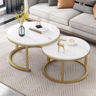 Imagem de Mesa de centro moderna para sala de estar Conjunto de mesa de centro aninhada com 2 mesas laterais empilháveis ​​Tampo de mesa de vidro temperado liso para sala de estar, mesas redondas de s