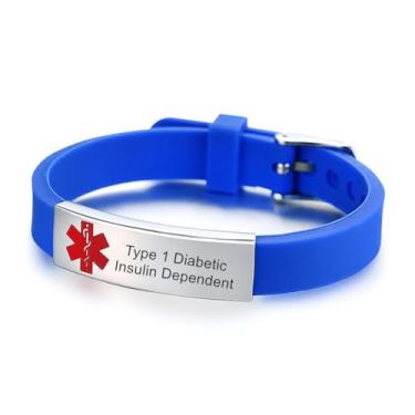 Imagem de Pulseira tipo 1 para diabéticos dependentes de insulina ajustável de silicone para identificação de alerta médico, pulseiras médicas para diabetes tipo 1 com cartão médico para adolescentes e adultos,