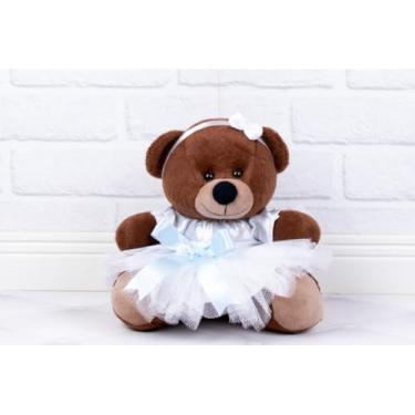 Imagem de PELUCIA URSO TEDDE 15 CM - DAMINHA CETIM BRANCO (PELUCIA MARROM - DETALHE AZUL CLARO)
