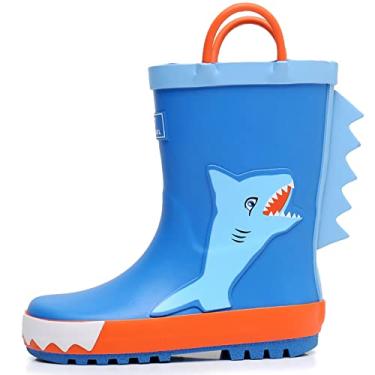 Imagem de RAINANGEL Botas de chuva infantis com alças fáceis de colocar, botas de chuva infantis de borracha à prova d'água para meninas e meninos, botas de chuva divertidas impressas e coloridas unissex para crianças, Patch Shark, 3 Big Kid
