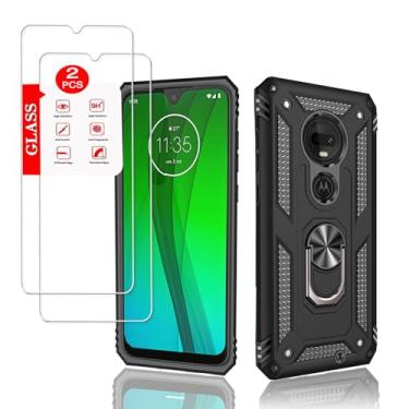 Imagem de Capa para Motorola Moto G7 / G7 Plus com [2 unidades] protetor de tela de vidro, para Moto G7 Plus, capa resistente à prova de choque [grau militar] protetora, com anel magnético suporte capa de