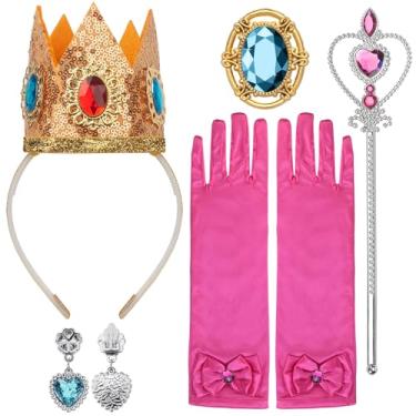 Imagem de GHGMAO 5pcs Princess Peach Crown Accessories Kit for Girls Include Crown Headband Brooch Earrings Fairy Wand Gloves Women Princess Peach Costume Princess Dress Up Set for Kids