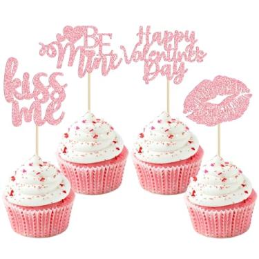 Imagem de Gyufise Pacote com 24 topos de cupcake com glitter rosa Happy Valentine's Day Be Mine Toppers de bolo Kiss Me batom palitos de cupcake para Dia dos Namorados, tema de amor, casamento, noivado, chá de noiva, decoração de festa